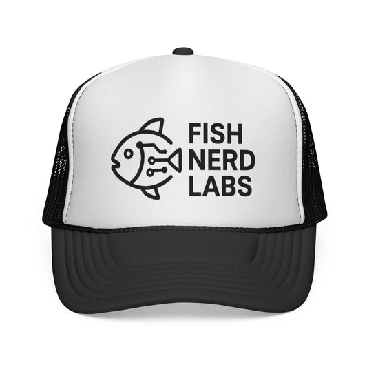 Fish Nerd Labs Trucker Hat — Retro Fish Logo Mesh Cap for Anglers & Marine Lovers