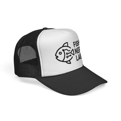 Fish Nerd Labs Trucker Hat — Retro Fish Logo Mesh Cap for Anglers & Marine Lovers